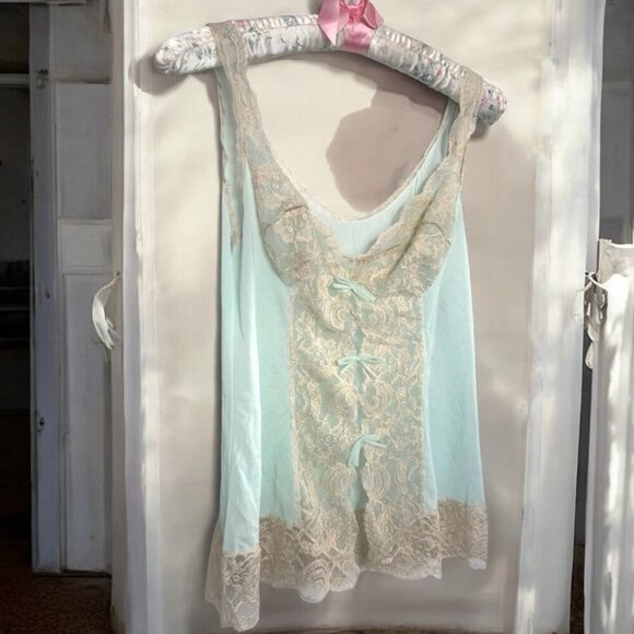 Vintage baby blue and cream Lace Trim cami sheer fairy core coquette lace up 34 - Picture 1 of 10